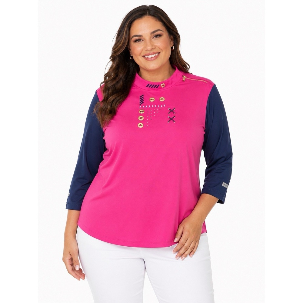Jamie Sadock XL Pink Blue Mock Neck Stretch Golf Top 3/4 Sleeve Studded